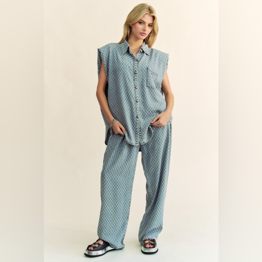 276B. Checkered Denim Drawstring Pants